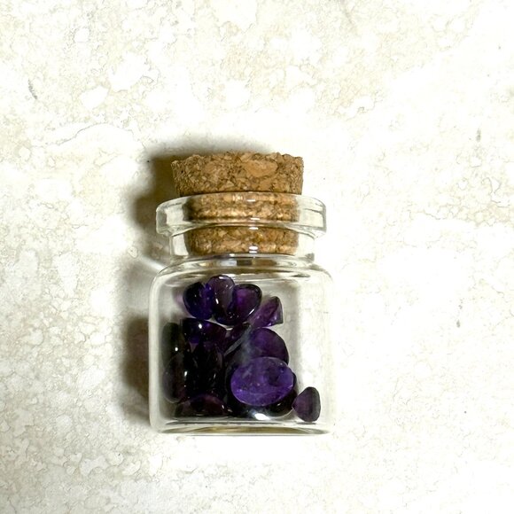 2/$20, Small Glass Bottle w/ Tiny Genuine Purple Amethyst Cabochons, Birthstone - Picture 1 of 6